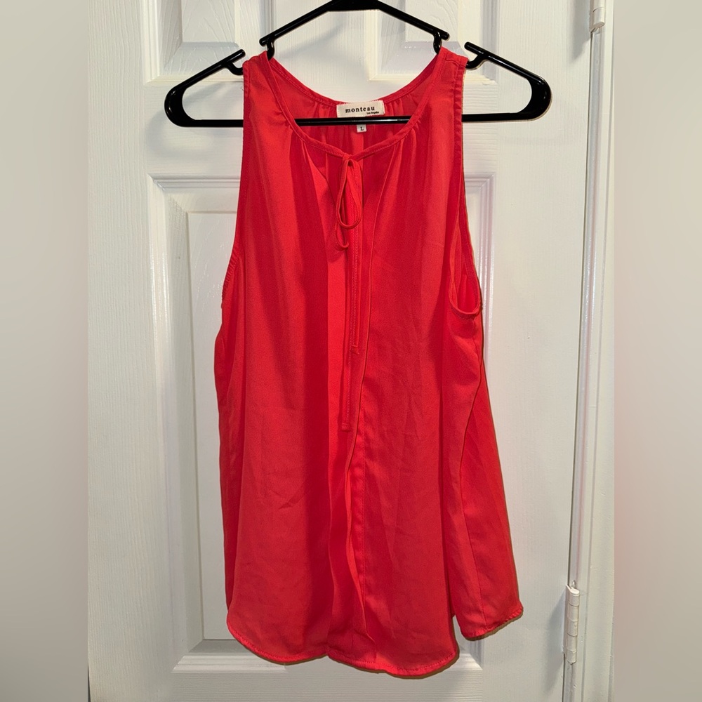 Monteau Vibrant Coral Sleeveless Blouse with tie